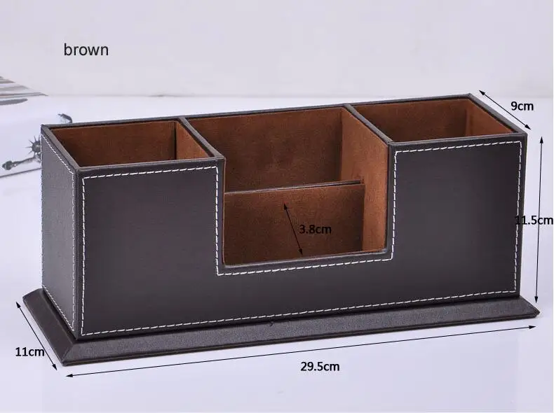 Деревянный тельству Искусственная кожа поверхности стол Многофункциональный канцелярские организовать с dovble ручки pencls держатель Box Дело Черный 202a - Цвет: Коричневый