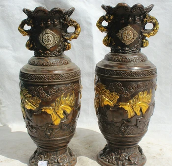 

song voge gem S2171 13" Marked Chinese Dynasty palace Bronze Gild Fu horse flower Bottle Vase Pair