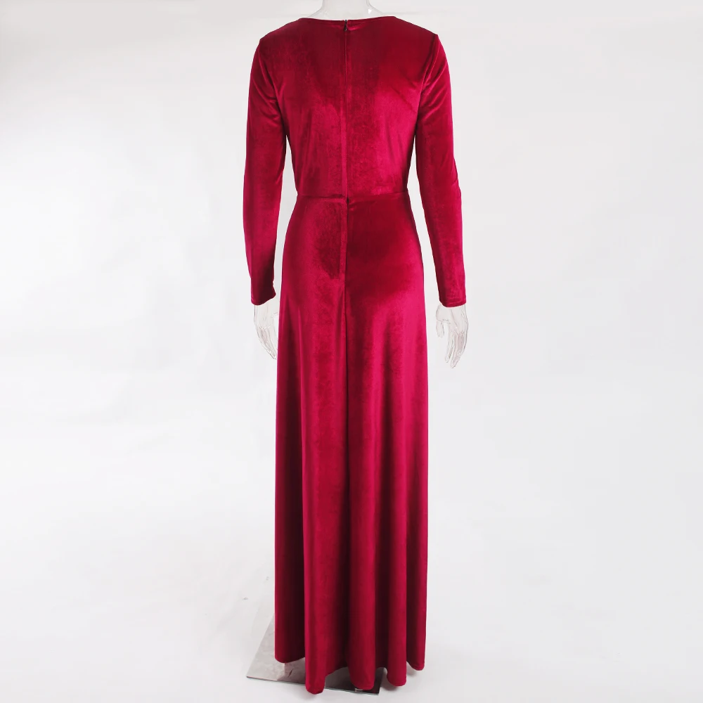 Burgundy Velvet Deep V Neck Maxi Dress Empire Double Splits Full Sleeved Party Dress Autumn Winter