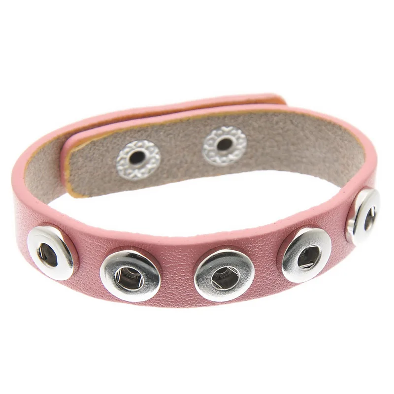 

2Pcs Light Pink Real Leather Bangles Band Snap Bracelets Fit 12mm Mini Snap Press Button 24cm