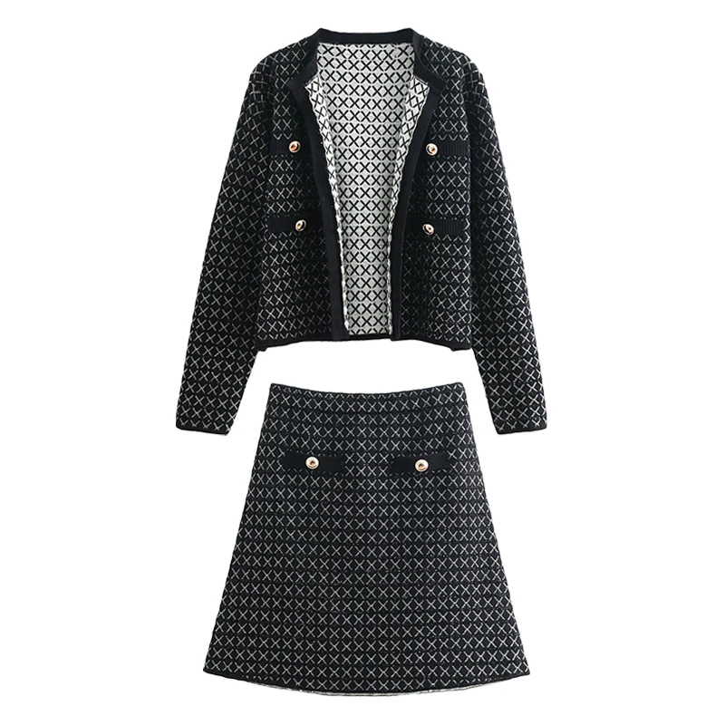 Fashion jacquard cardigan jacket half skirt suit women Joker diamond pattern button + short set | Женская одежда