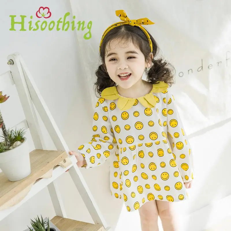 Baby Girls Dress Smiley Face Printed Petal Collar Full Cotton 2018 New Autumn For 1-5 Years Children's Dresse | Детская одежда и