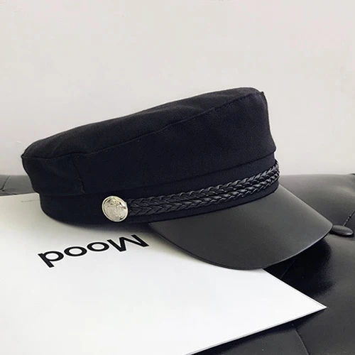 Black A Модная шапка из искусственной кожи в стиле милитари, осенне-зимняя шерстяная шляпа моряка для женщин и мужчин, Черная Женская кепка с плоским верхом для путешествий, Кепка Капитана - Цвет: Black A