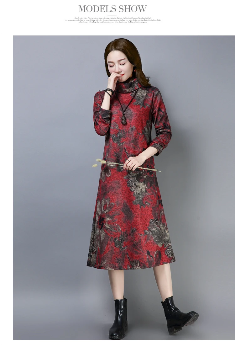 3601 Elegant Plus Size Long Dress 4xl for Women Vintage Turtleneck Thick Wool Floral Print Mon Winter Dresses Women 2018 Ladies 4