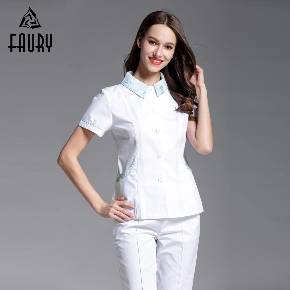 Стоматологическая клиника Женская весенне-летняя рабочая одежда с коротким рукавом и отворотом, униформа доктора медсестры, рабочие топы с белыми штанами