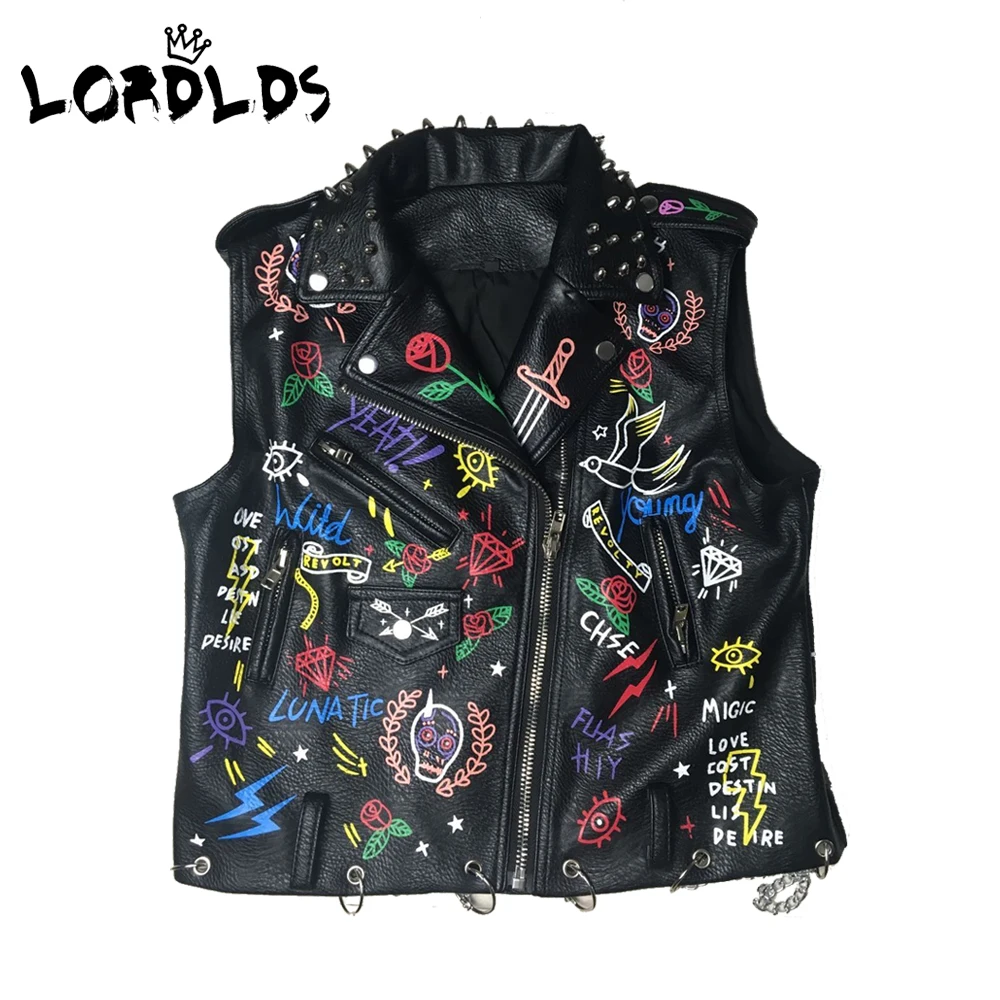 

LORDLDS Black Leather Vest Women Motorcycle Streetwear Pu leather Sleeveless Jacket Female Steampunk Print Biker WaistCoat