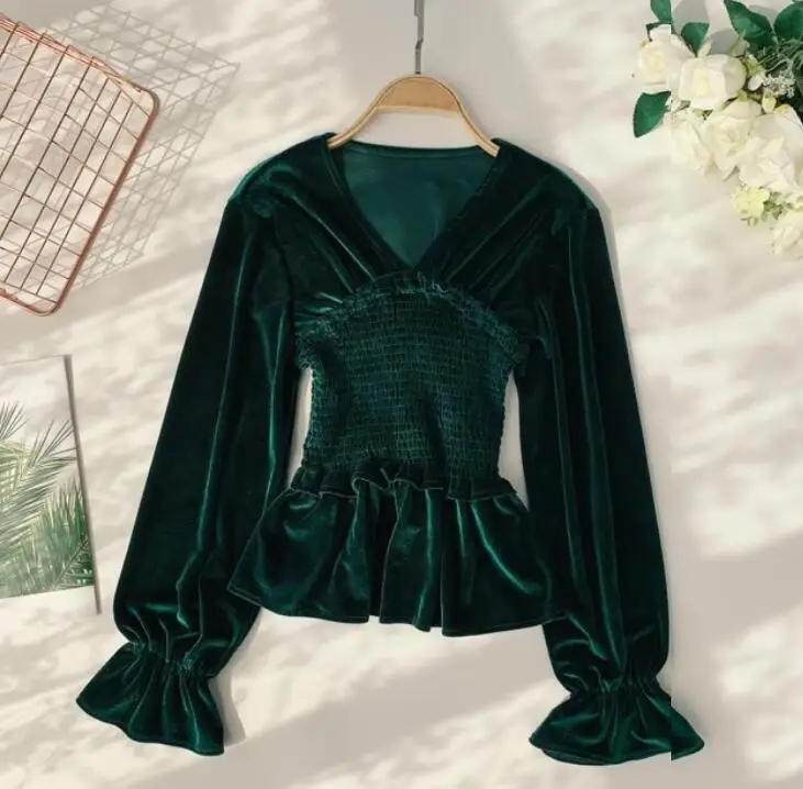 

2019 New Spring Fall Women's Pure Color Velvet Shirt All-match Female Casual V Collar Bubble Sleeve Blouse Tops