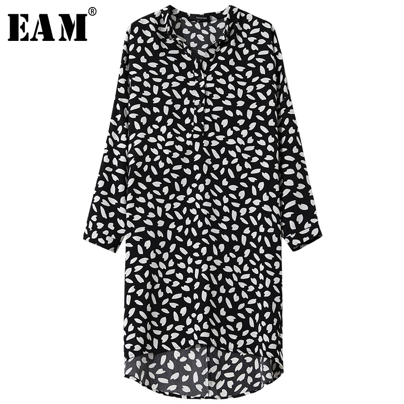 

[EAM] 2019 New Summer Stand Collar Long Sleeve Button Pattern Printed Loose Big Size Shirt Women Blouse Fashion Tide JY447