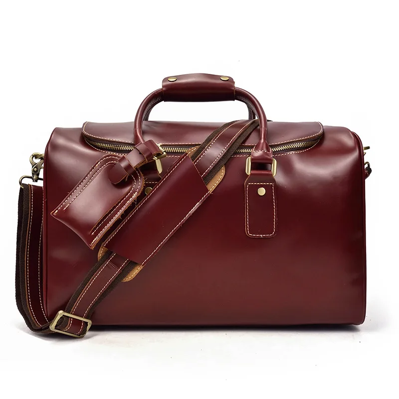 

Women Genuine leather Travel bags Red 18" fashion Women oil wax Leather Travel duffel Cow leather Luggage Weekend bag Men travel