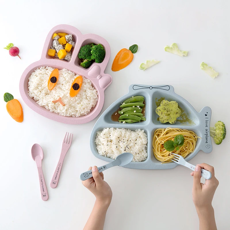 

MehJig Cute Children Tableware Set Rabbit Airplane Shape Food Dishes Plates with Fork Spoon Dinner Plates for Child Baby
