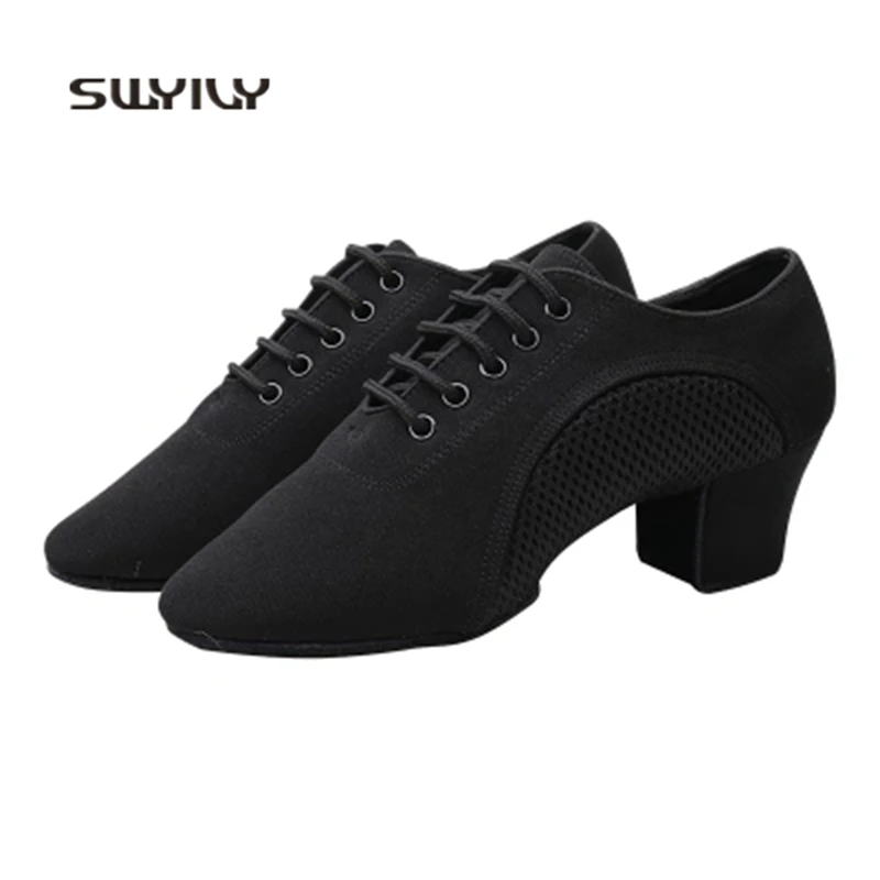 SWYIVY Women Latin Dance Shoes Breathable Oxford Cloth Dance Sneakers Women 2018 New Mid-heel 3.5cm/5cm Ballroom Dance Shoe Lady