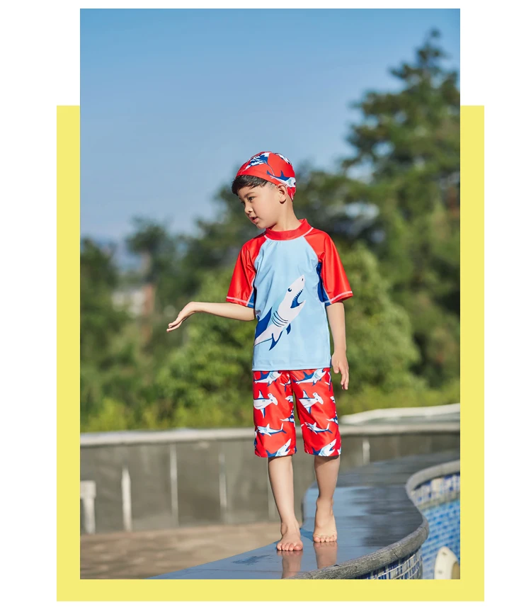 Купальный костюм для мальчиков, комплект из 2 предметов: шапка+ рубашка+ шорты, детский купальный костюм, детский купальный костюм с героями мультфильмов, спортивные плавки для детей