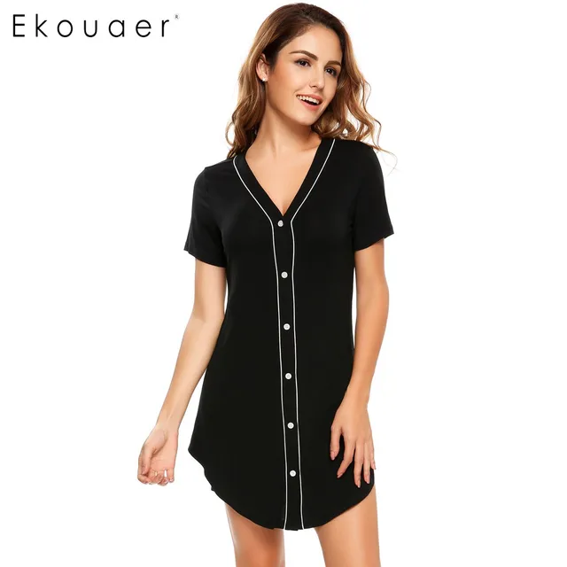 Ekouaer Brand Nightgown Womens Casual Short Sleeve Solid Sleepwear