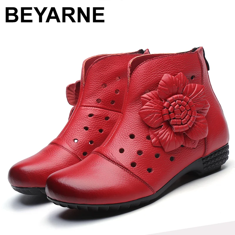 

BEYARNES Summer High Quality Genuine Leather Women Boots Shoes Platform Thick Heels Round Toes Cut Out Hole Flower Ankle Boots
