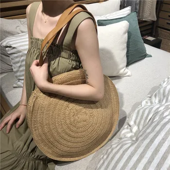 

Vintage Casual Round Straw Bags for Women Rattan Weave Famale Shoulder Bags Wicker Large Capacity Tote Summer Beach Travel Purse