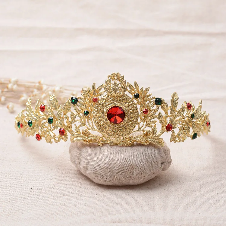 India bridal Red Tiara Crystal Wedding Gold hair accessories Half Round
