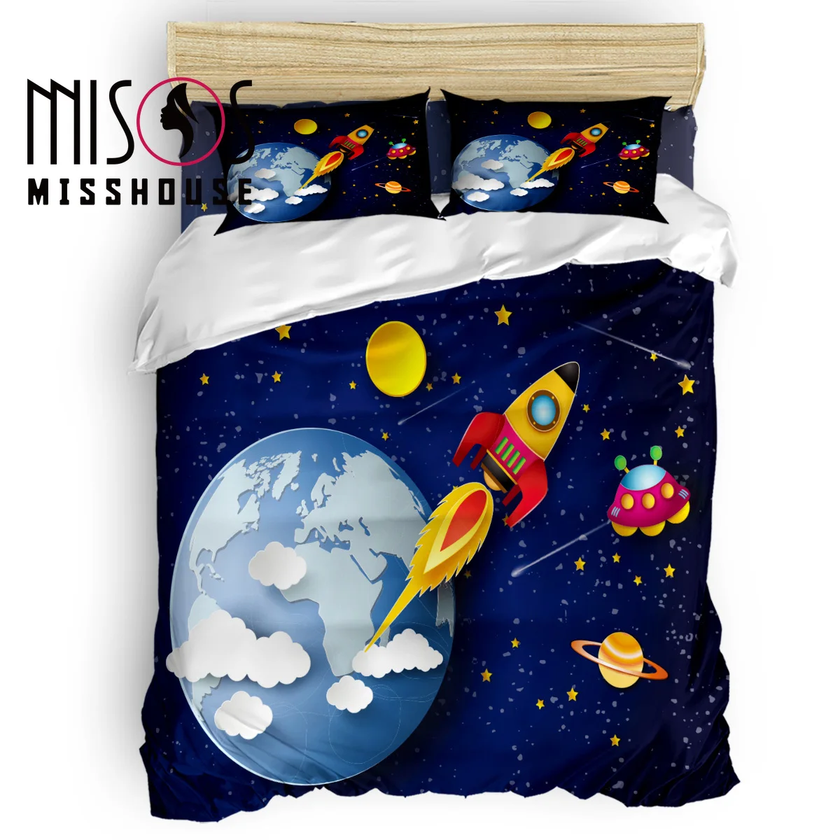 

MISSHOUSE Galaxy Cartoon Rocket Universe Duvet Cover Set Bed Sheets Comforter Cover Pillowcases 4pcs Bedding Sets