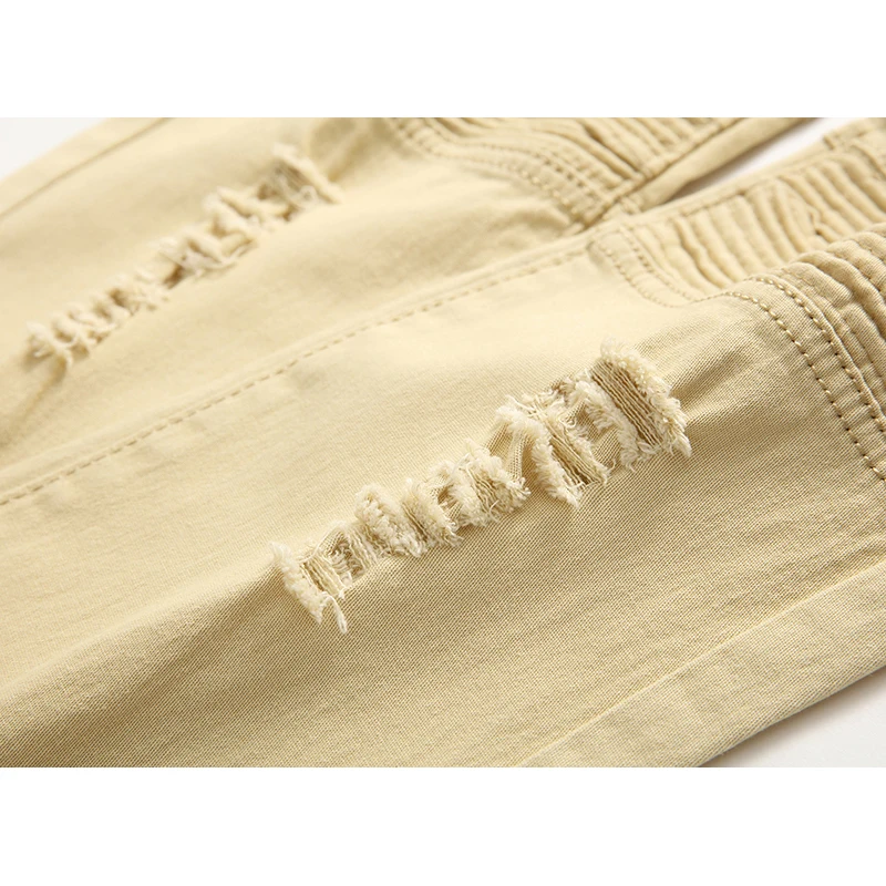 2019 New Fashion Khaki Biker Jeans Pleated Design Mens Skinny Slim Stretch Denim Pants Men Hip Hop Street Destroyed Ripped Jeans