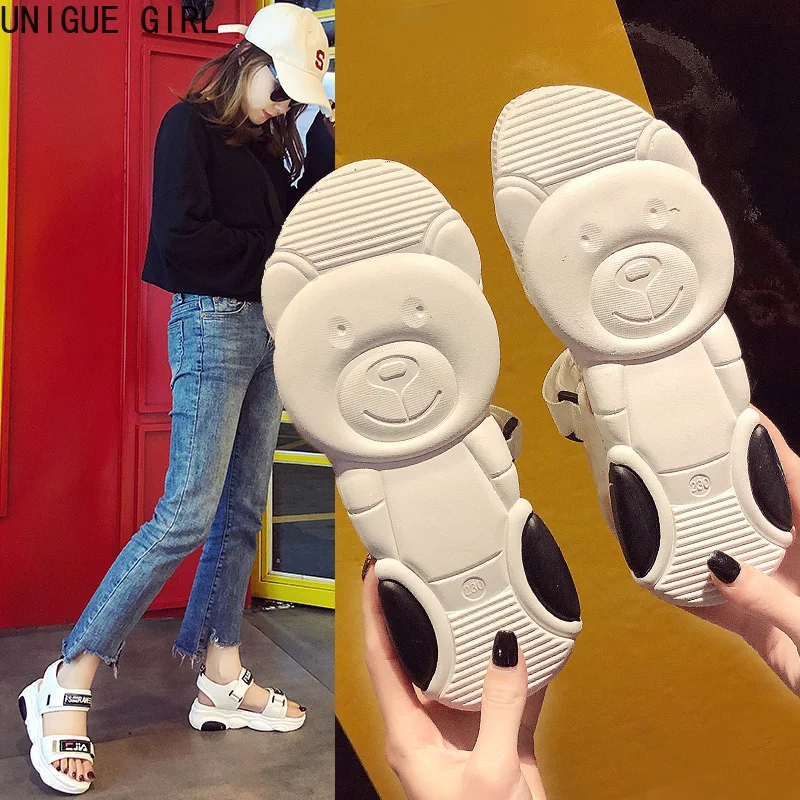 

UNIGUE GIRL Summer Sandals Women Cute Nurse Bear Print Casual Women's Sandals Breathable Mesh Female Flats Shoes Sandalias Woman