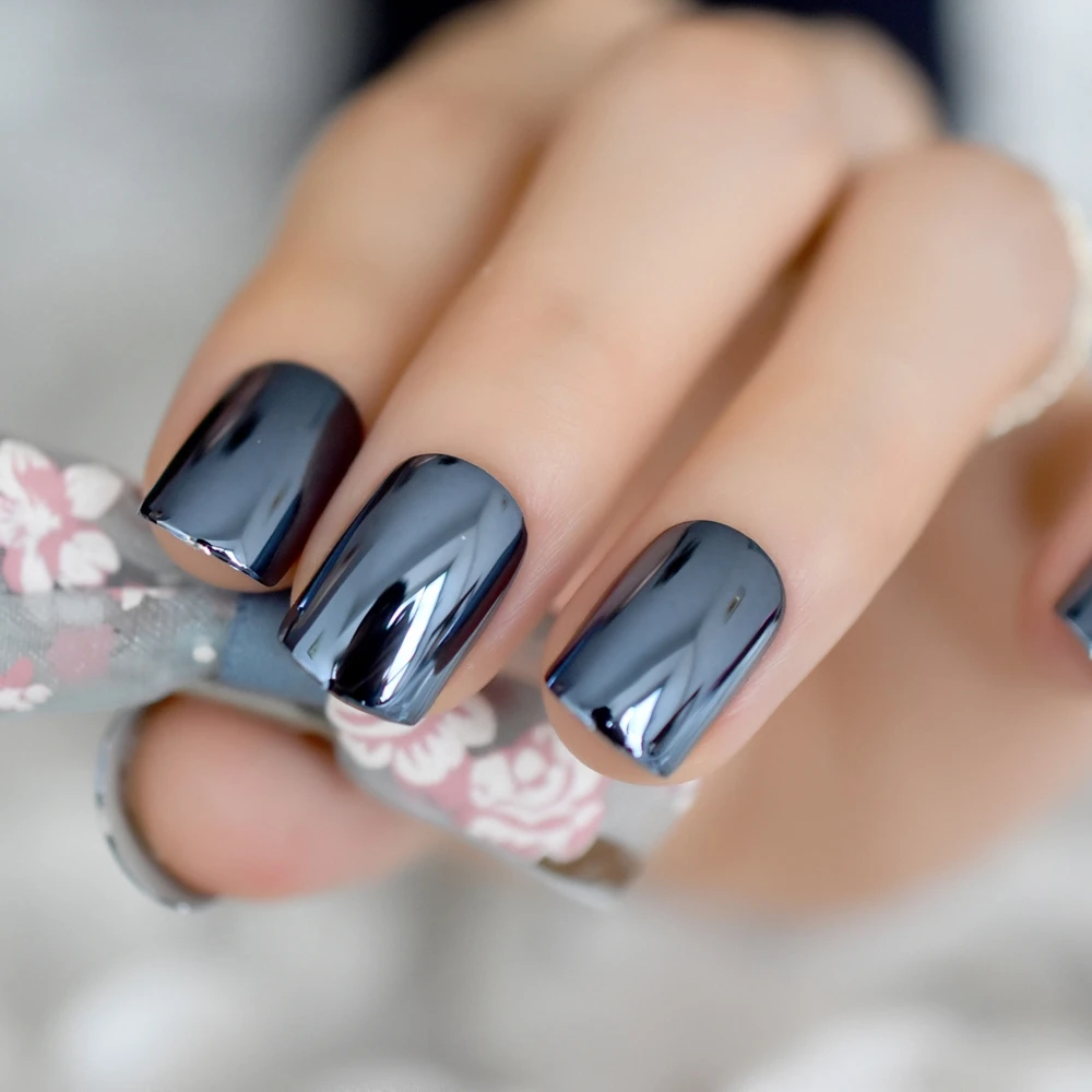 Dark Blue Metallic Acrylic Nail Art Tips for Finger Short ...