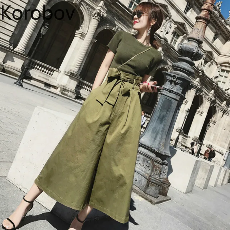 

Korobov New Women OL Suits Korean Bandage Backless Knitted Top and Lacing Bow Wide Leg Pants Sets 2 Piece Outfits 78609