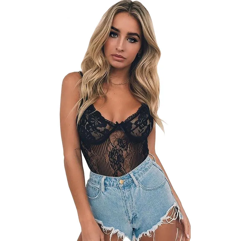 

2019 Body Fitness White Lace Bodysuit Sexy Rompers Women Jumpsuit Sleeveless Transparent Bodysuit Hollow Out Playsuits