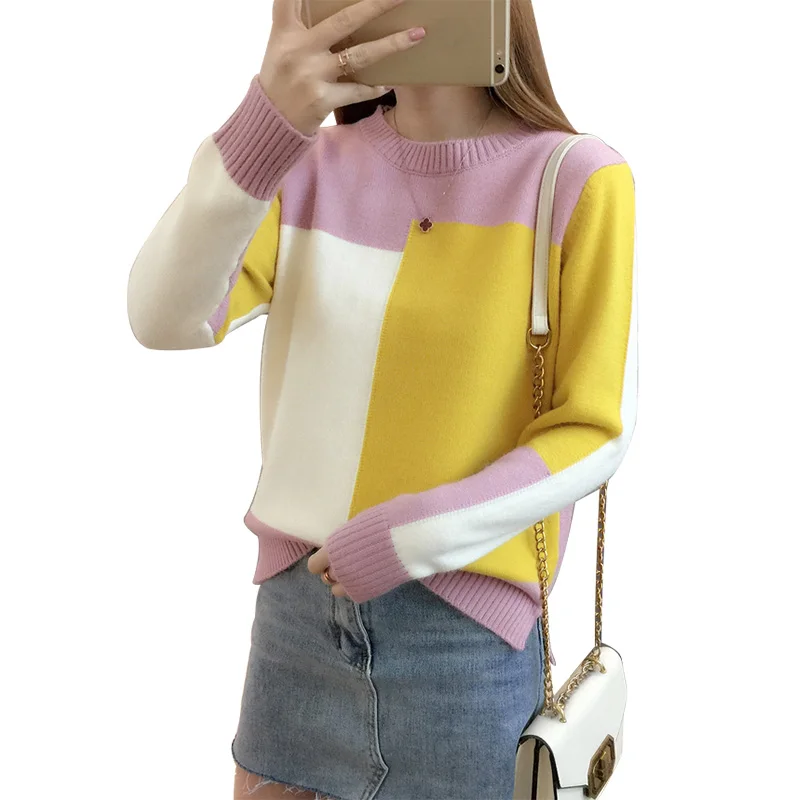 

2019 New Winter Korean Patchwork Pink Sweater For Women Knitted Female Pullovers Ladies Crew Neck Sweater Warm Jumper Pullover