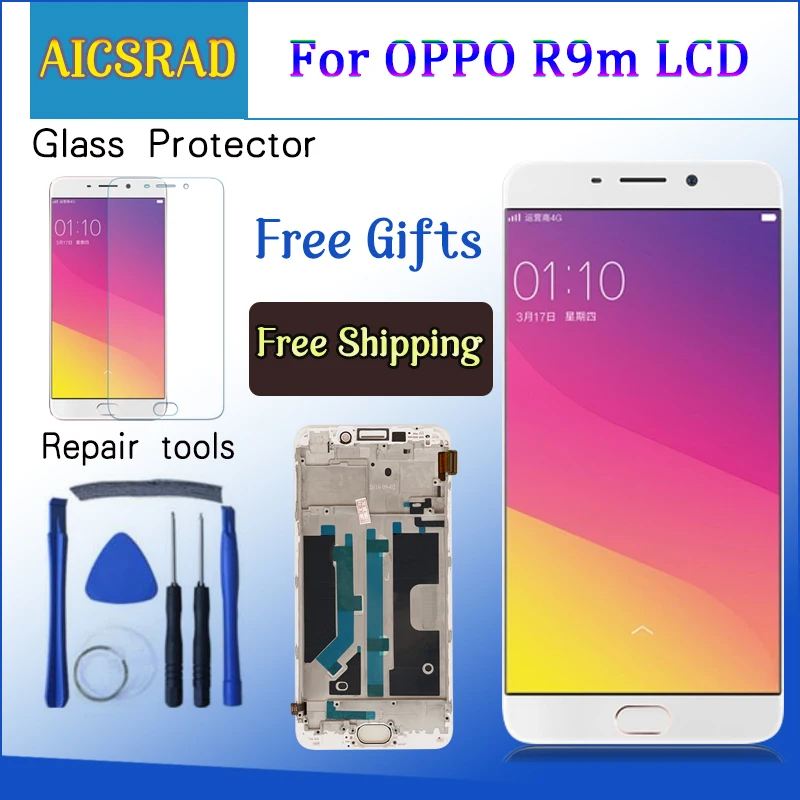 Black Color : White + Touch Panel with Frame LCD Screen Mobile Phone for Oppo R9s TFT
