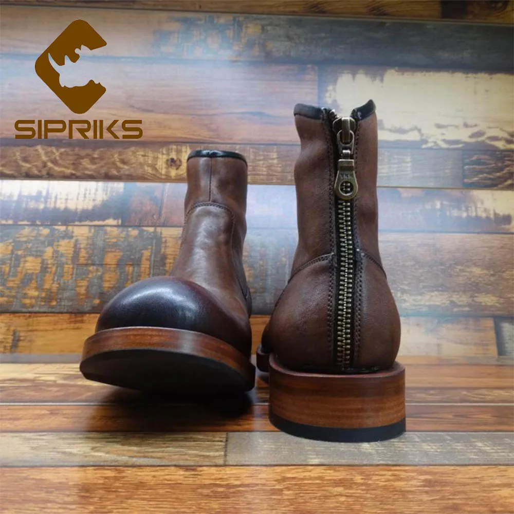 Sipriks/Мужские ботинки в байкерском стиле из натуральной кожи; коричневые Ботильоны на молнии в винтажном стиле; мужская Ковбойская обувь с круглым носком; классическая прошитая обувь