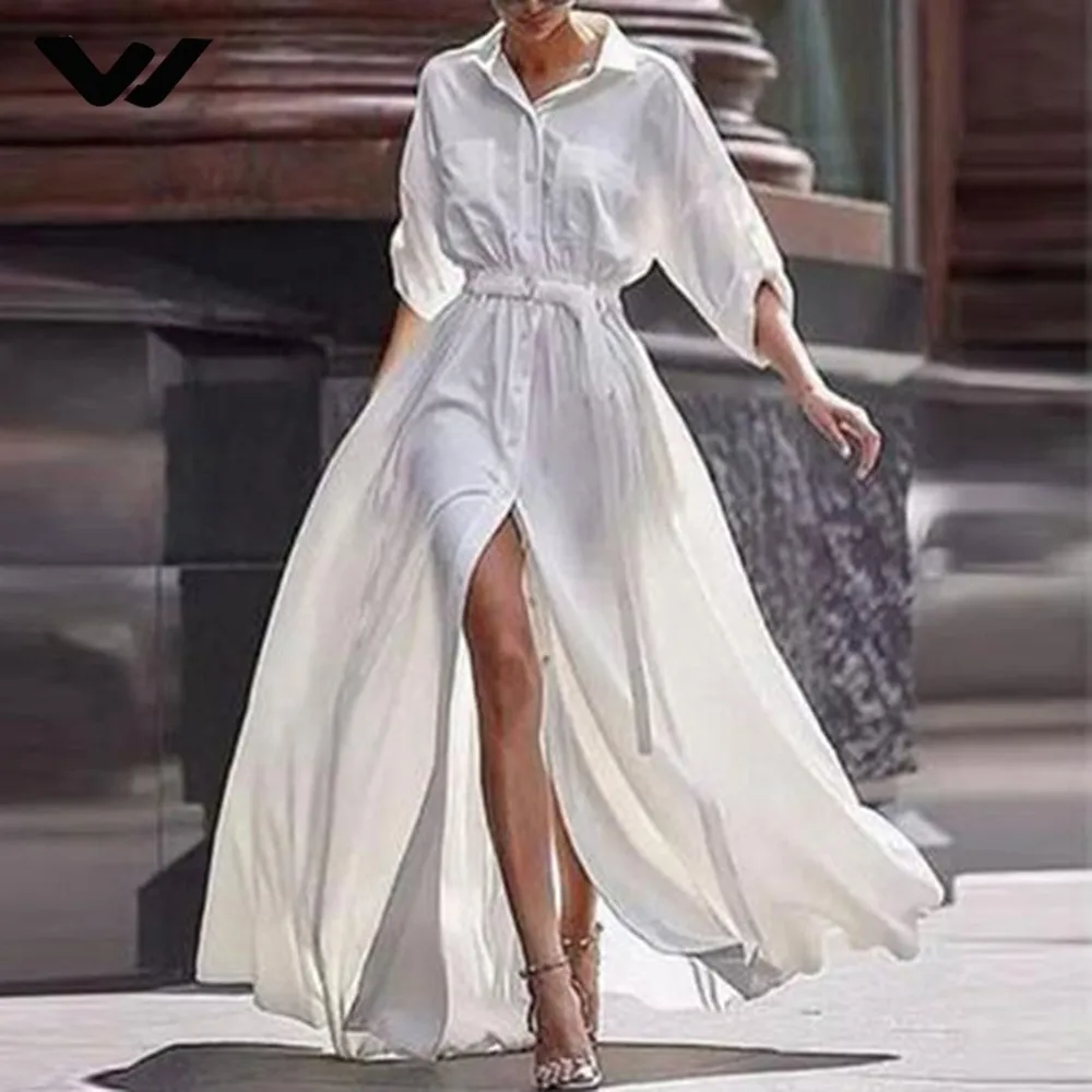 Pure White Split Sexy Dress Women 2018 New Fall Button Waist Cotton Bandage Female Street Simple Shirt Dresses | Женская одежда
