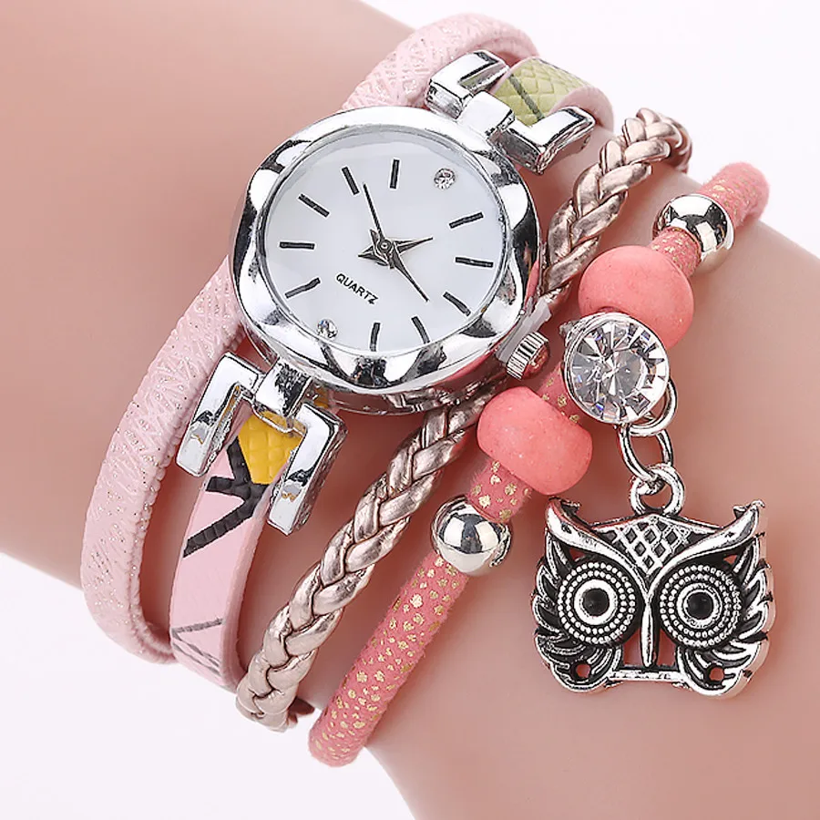Женские часы из искусственной кожи, Женские Аналоговые кварцевые часы с подвеской в виде совы, женские часы с браслетом, повседневные женские наручные часы