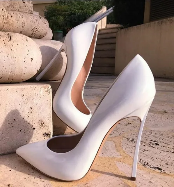 Pumps Size 13 Wedding Dress Shoes White Pointed Toe 12CM Metal Heels
