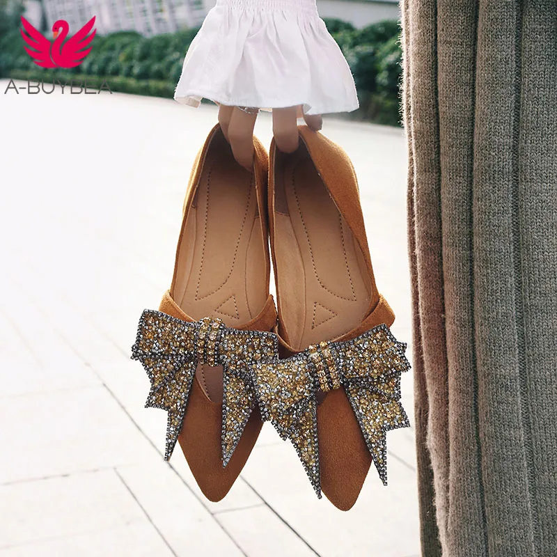 

2019 New Kid Suede Crystal Butterfly-knot Women Flats Shoes Pointed Toe Low Heels Women Spring Shoes Ladies Casual Shoes