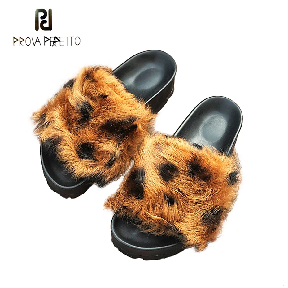 

Prova Perfetto 2019 celebrity fur slippers for women new spring summer open toe platform flat slides leopard outdoor mules shoes