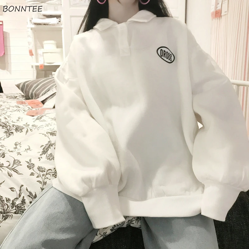 

Hoodies Women Turn Down Collar Button Lantern Sleeve Kawaii Harajuku Loose Warm Plus Velvet Trendy Korean Simple Daily Womens