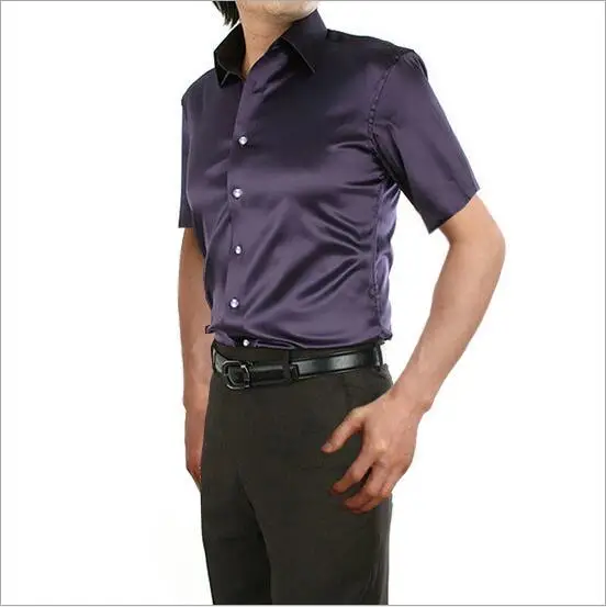 Высокое качество, Мужская шелковая рубашка с коротким рукавом,, брендовые летние мужские рубашки, чистый цвет, для отдыха, деловые рубашки размера плюс 5XL, горячая распродажа - Цвет: dark purple