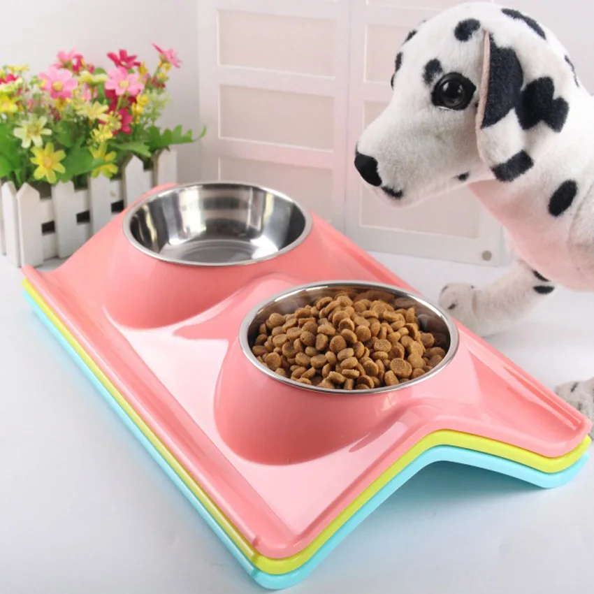 Pet Feeder Dog Tray Stainless Steel Double Bowl Leak Proof For Cats