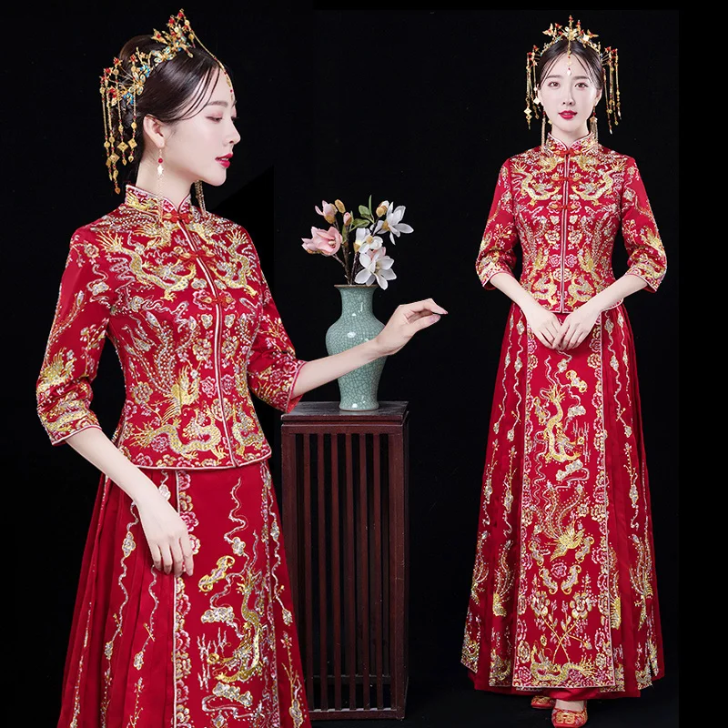 

Chinese Vintage Embroidery Dragon&phoenix Qipao Full Length Cheongsam Female Marriage Set Classic Bride Wedding Party Dress