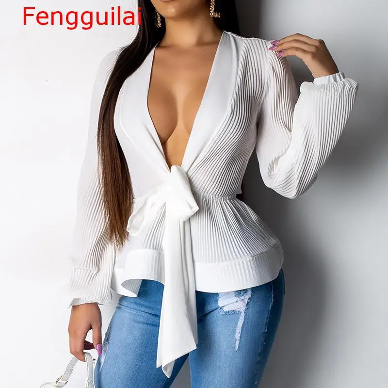 

Women Elegant Puff Sleeve Blouse Shirt Sexy V Neck Sashes Wrap Blouse Ruffles Long Sleeve Summer Tops Femme Peplum Top Blusas