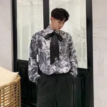 Мужская Повседневная Свободная рубашка с длинными рукавами и галстуком-бабочкой в стиле ретро, Harajuku, уличная одежда в стиле хип-хоп, вечерние рубашки