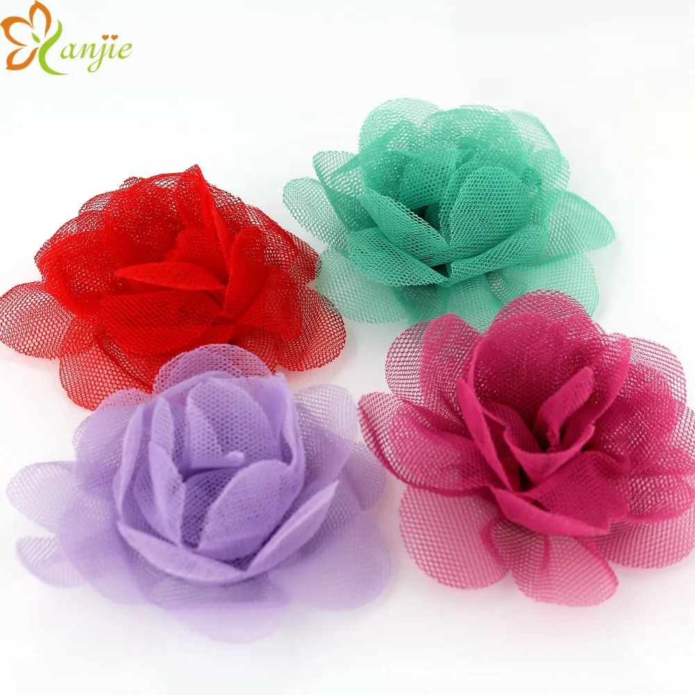 18 colors 90pcs/lot 3.5" Tulle Mesh Rose Flower Petal Ruffled Flower