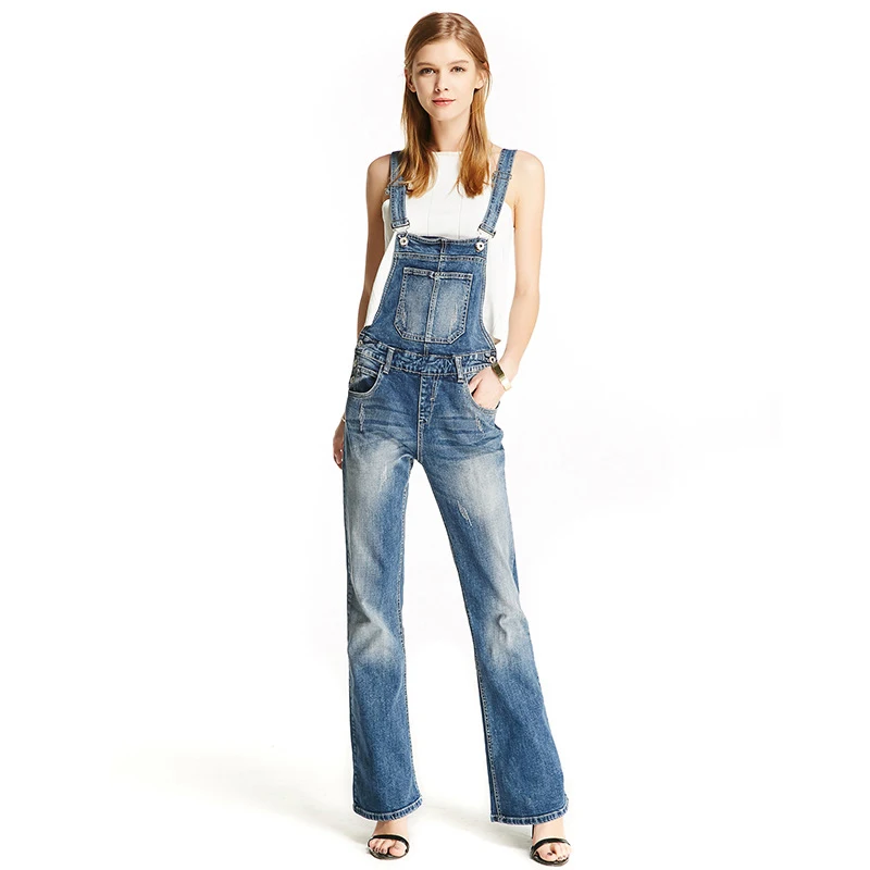 

Idopy Women Denim Bib Overalls Long Denim Jumpsuit Slim Fit Bell Bottom Trousers Casual Boot Cut Scratched Suspender Jeans