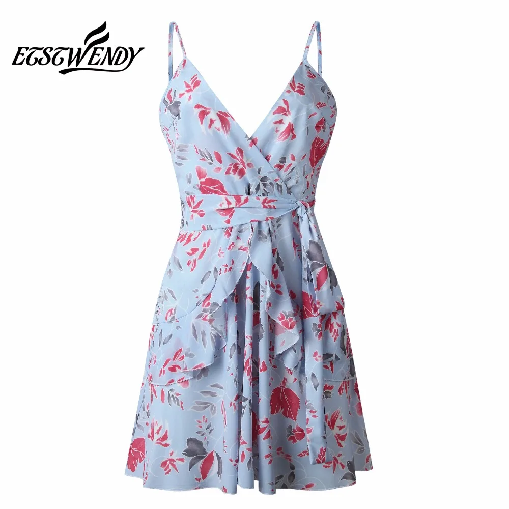 Summer 2019 Sexy Women Dress Sleeveless V-neck Printed Ruffles Short Dress Sashes Slim Women Beach Dress Summer Sexy Boho Dress