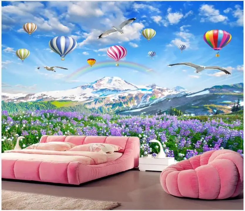 

WDBH 3d wallpaper custom photo Plateau lavender flower sea hot air balloon scenery decor 3d wall murals wallpaper for walls 3 d