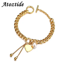 Atoztide Для женщин браслеты с подвесками отбирает первоклассный пресноводный жемчуг сердце цепочка браслет из нержавеющей стали кубинское золото цепи с застежка от подарок на день Святого Валентина