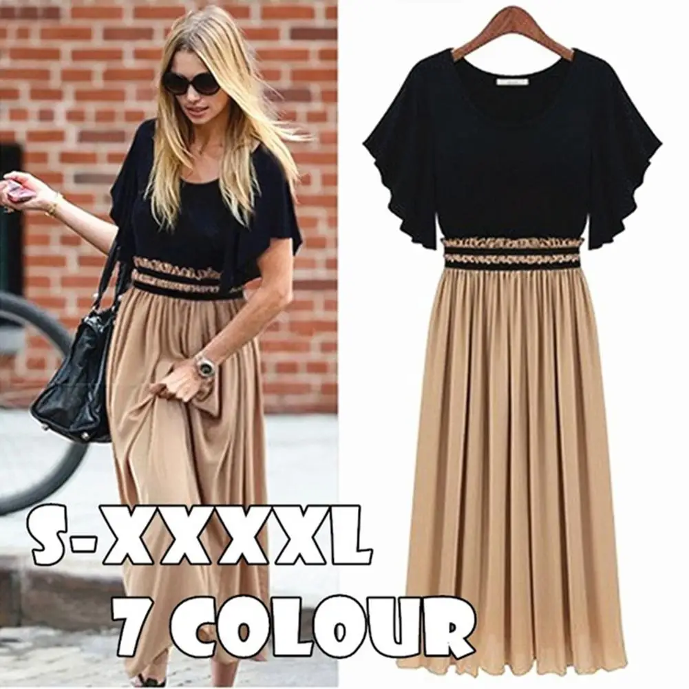 New Fashion Women Casual High Waist Ruffles Round Neck Pleated Short Sleeve Dress