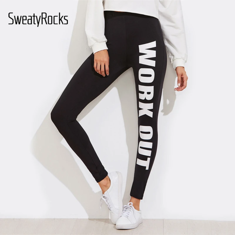 

SweatyRocks Fitness Letter Print Exercise Leggings Elastic Slim Women Black High Waist Workout Leggings Autumn Active Pants