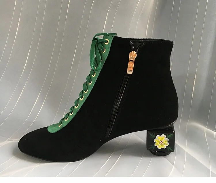 Phoentin/разноцветные ботильоны на шнуровке; женские полусапожки на молнии; коллекция года; Женская замшевая обувь с цветочным узором на среднем необычном каблуке; FT535