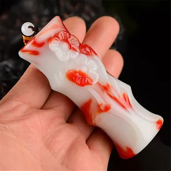 

New Arival Xinjiang Natural Gobi Chicken Blood Jadeite Carved Bamboo Pole Pendant Rise Steadily Pendant for Women o Men Deopship