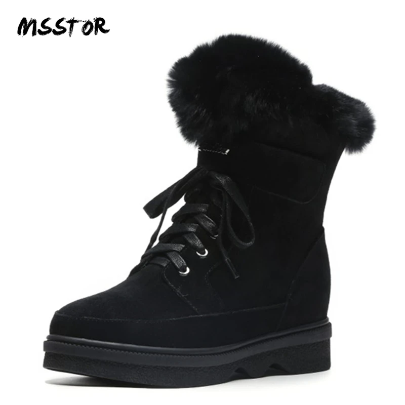 

MSSTOR 2018 New Zipper Casual Fur Boots Round Toe Platform Black Fashion Cow Suede Snow Boots Office Wedge Ankle Boots Women